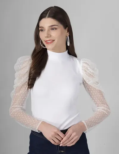 Fancy Solid High Neck Top with Net Puff Sleeve