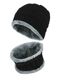 Unisex Solid Black Bannie Woolen Cap and Neck warmer scarf suitable for Winters for mens and womens-thumb4