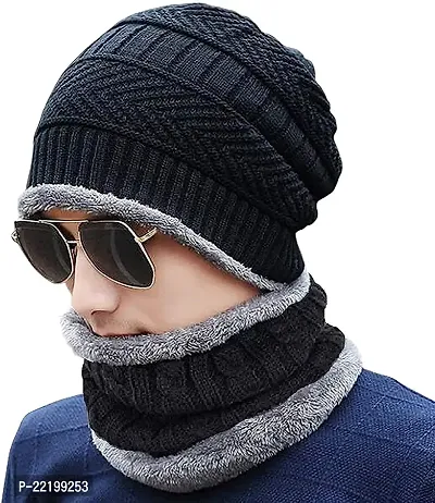 Unisex Solid Black Bannie Woolen Cap and Neck warmer scarf suitable for Winters for mens and womens
