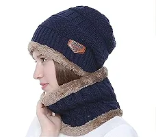 FATON Collection Ultra Soft Unisex Woolen Beanie Cap Plus Muffler Scarf Set for Men Women Girl Boy - Warm, Snow Proof - 20 Degree Temperature (Navy Blue)-thumb1