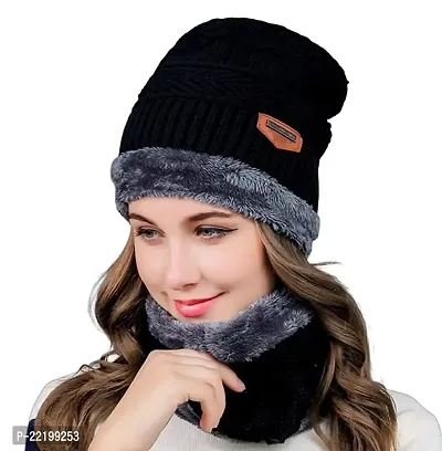 Unisex Solid Black Bannie Woolen Cap and Neck warmer scarf suitable for Winters for mens and womens-thumb2