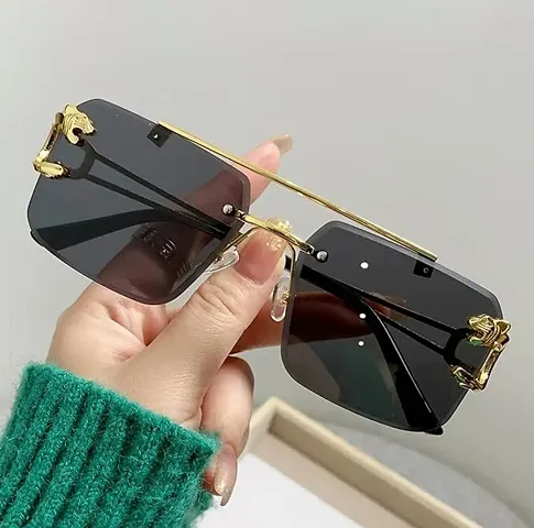 Black Rimless Lens Retro Square Golden Frame Sunglasses (black)