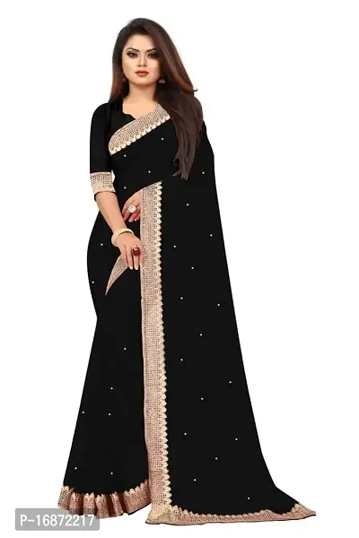 Tattou ARCHI FASHION Women's Pure Georgette Moti Work Saree with Unstitched Blouse Piece (Black