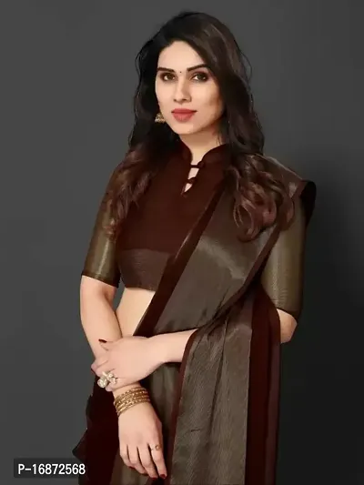 Tattou ARCHI FASHION Women's chiffon Solid Saree with Unstitched Blouse Piece (Brown)-thumb3