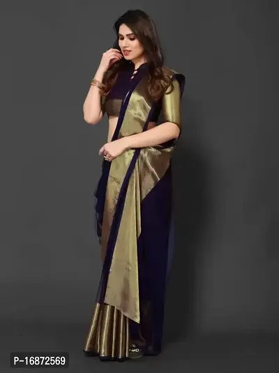 Tattou ARCHI FASHION Women's chiffon Solid Saree with Unstitched Blouse Piece (Nevy Blue)-thumb4