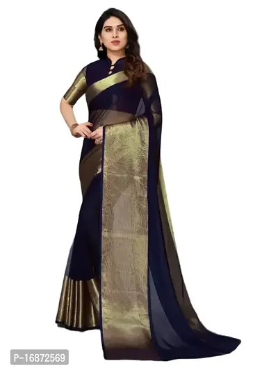 Tattou ARCHI FASHION Women's chiffon Solid Saree with Unstitched Blouse Piece (Nevy Blue)