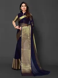 Tattou ARCHI FASHION Women's chiffon Solid Saree with Unstitched Blouse Piece (Nevy Blue)-thumb1