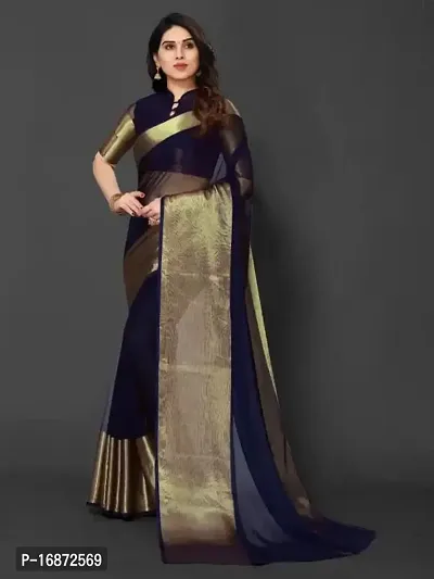 Tattou ARCHI FASHION Women's chiffon Solid Saree with Unstitched Blouse Piece (Nevy Blue)-thumb2