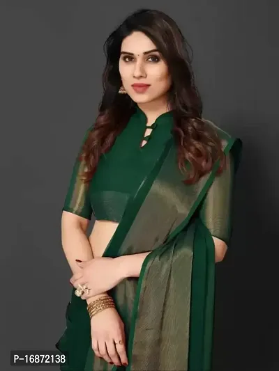 Tattou ARCHI FASHION Women's chiffon Solid Saree with Unstitched Blouse Piece (Green)-thumb4