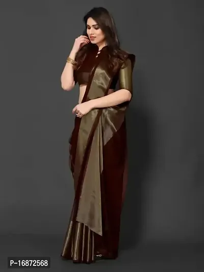 Tattou ARCHI FASHION Women's chiffon Solid Saree with Unstitched Blouse Piece (Brown)-thumb2