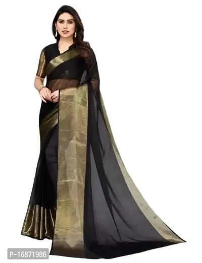 Tattou ARCHI FASHION Women's chiffon Solid Saree with Unstitched Blouse Piece (Black)-thumb0