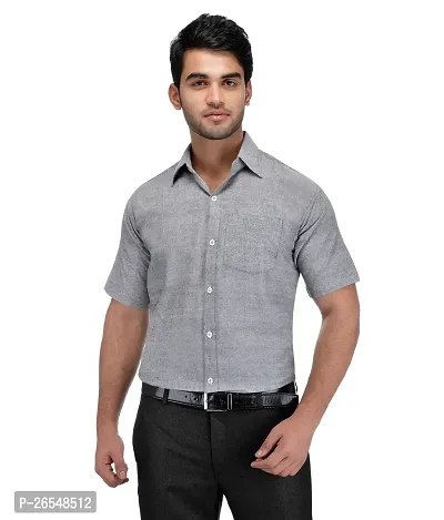 Elegant Grey Cotton Solid Short Sleeves Regular Fit Casual Shirt For Men-thumb0
