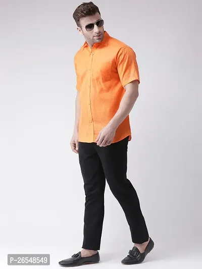 Elegant Orange Linen Solid Short Sleeves Regular Fit Casual Shirt For Men-thumb4
