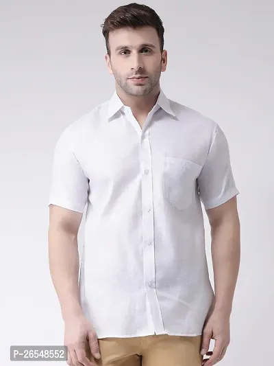 Elegant White Linen Solid Short Sleeves Regular Fit Casual Shirt For Men-thumb0