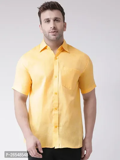 Elegant Yellow Linen Solid Short Sleeves Regular Fit Casual Shirt For Men-thumb0