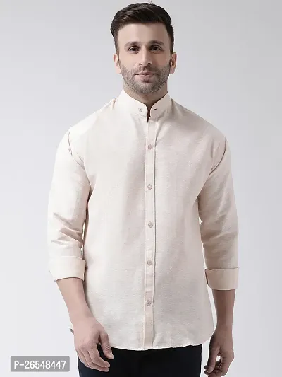 Elegant Beige Cotton Solid Long Sleeves Regular Fit Casual Shirt For Men-thumb0