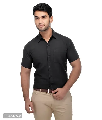 Elegant Black Cotton Solid Short Sleeves Regular Fit Casual Shirt For Men-thumb0
