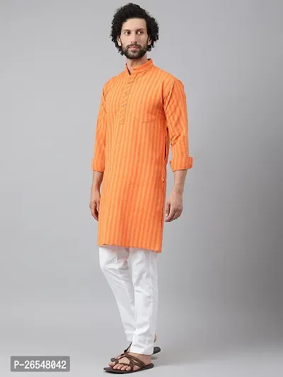 Reliable Orange Cotton Striped Kurta Set For Men-thumb2