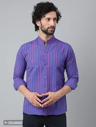 Elegant Blue Cotton Striped Long Sleeves Regular Fit Casual Shirt For Men