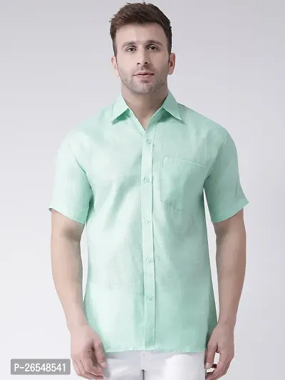 Elegant Green Linen Solid Short Sleeves Regular Fit Casual Shirt For Men-thumb0