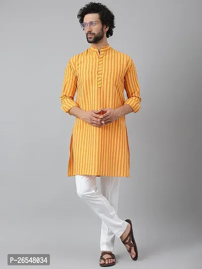 Reliable Yellow Cotton Striped Kurta Set For Men