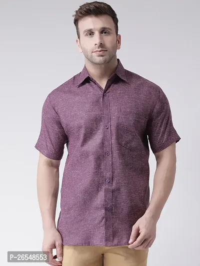 Elegant Purple Linen Solid Short Sleeves Regular Fit Casual Shirt For Men-thumb0