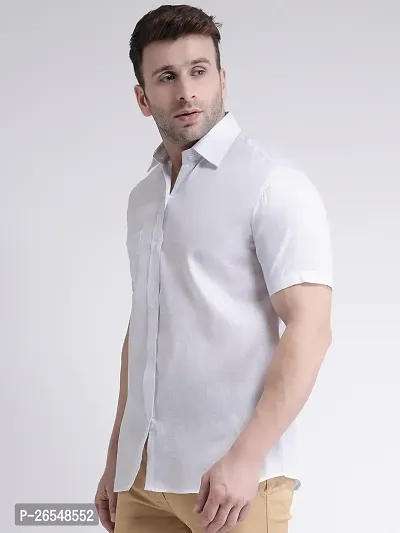 Elegant White Linen Solid Short Sleeves Regular Fit Casual Shirt For Men-thumb2