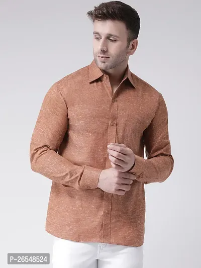 Elegant Brown Linen Solid Long Sleeves Regular Fit Casual Shirt For Men