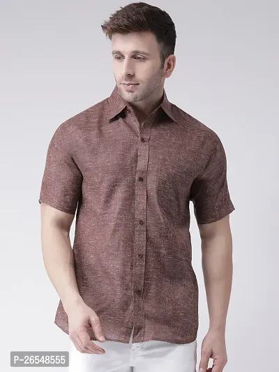 Elegant Brown Linen Solid Short Sleeves Regular Fit Casual Shirt For Men-thumb0