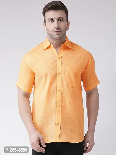 Elegant Orange Linen Solid Short Sleeves Regular Fit Casual Shirt For Men