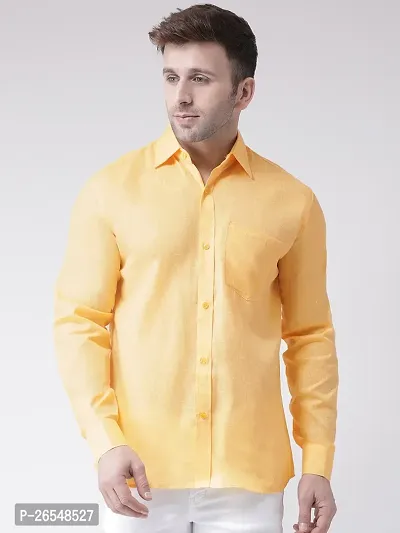 Elegant Yellow Linen Solid Long Sleeves Regular Fit Casual Shirt For Men