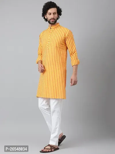 Reliable Yellow Cotton Striped Kurta Set For Men-thumb2