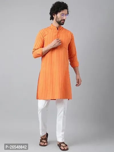 Reliable Orange Cotton Striped Kurta Set For Men