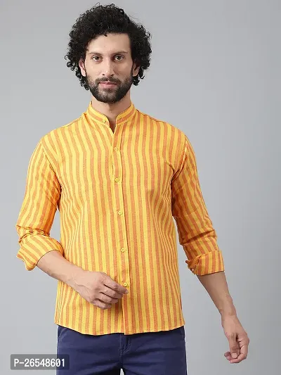 Elegant Yellow Cotton Striped Long Sleeves Regular Fit Casual Shirt For Men
