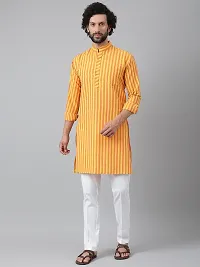 Reliable Yellow Cotton Striped Kurta Set For Men-thumb2