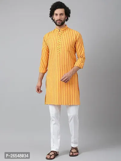 Reliable Yellow Cotton Striped Kurta Set For Men-thumb3