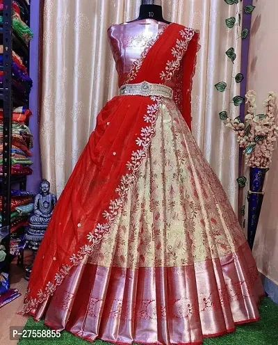 Stylish Yellow Banarasi Silk Jacquard Lehenga Choli Set For Women-thumb0