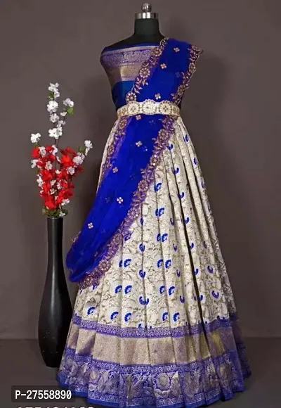 Stylish Blue Banarasi Silk Jacquard Lehenga Choli Set For Women-thumb0