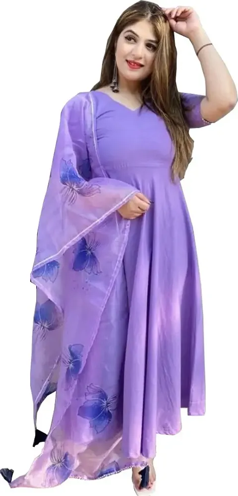 Women's Beautiful Poly Silk Anarkali Solid Kurta, Bottom and Dupatta Set