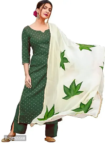 Elegant Green Polka Print Poly Rayon Kurta with Bottom And Dupatta Set For Women-thumb0