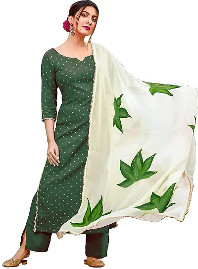 Elegant Polka Print Poly Rayon Kurta with Bottom And Dupatta Set For Women