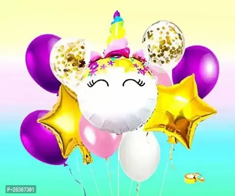 Solid Unicorn Birthday Decoration Balloon Bouquet Set Of 15 Pcs-Unicorn With Horn Xxl1+Golden Foil Stars2+Golden Confetti Balloons2+Metallic Had Balloons Purple 4+Pink3+White2+Balloon Curling Ribbon1 Balloon Multicolor,5