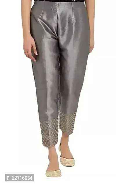 Elegant Silver Silk Solid Trousers For Women-thumb0