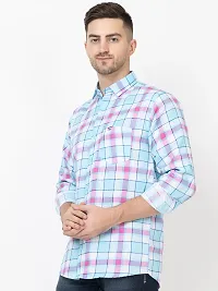 Stylish Blue Cotton Checked Casual Shirt For Men-thumb3