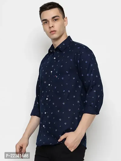 Stylish Navy Blue Cotton Printed Casual Shirt For Men-thumb3