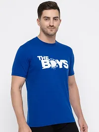 Trendy Blue Cotton Printed Round Neck Tees For Men-thumb3