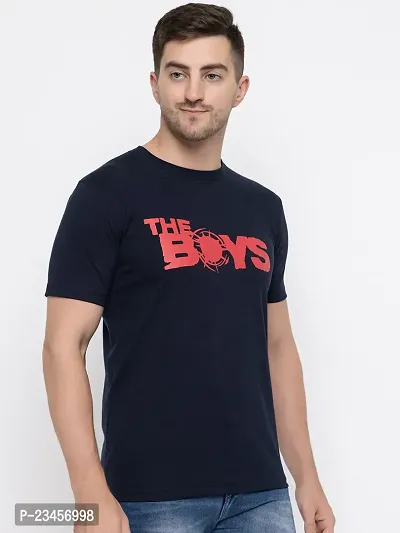 Trendy Navy Blue Cotton Printed Round Neck Tees For Men-thumb4