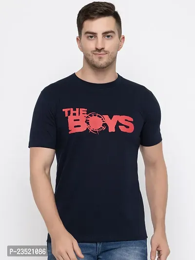 Reliable Navy Blue Cotton Printed Round Neck Tees For Men