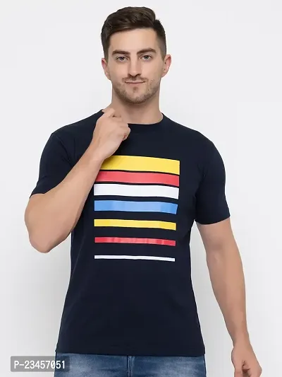 Trendy Navy Blue Cotton Printed Round Neck Tees For Men-thumb0