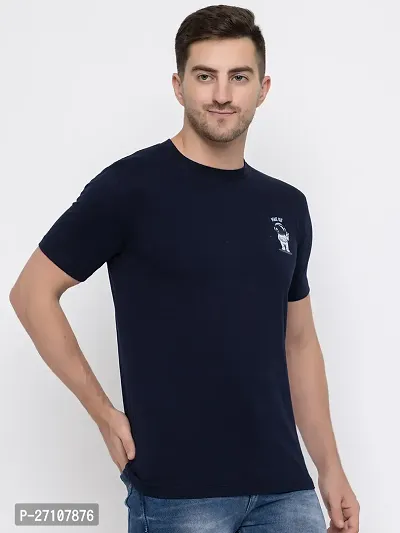 Stylish Navy Blue Cotton Solid Round Neck T-Shirt For Men-thumb5